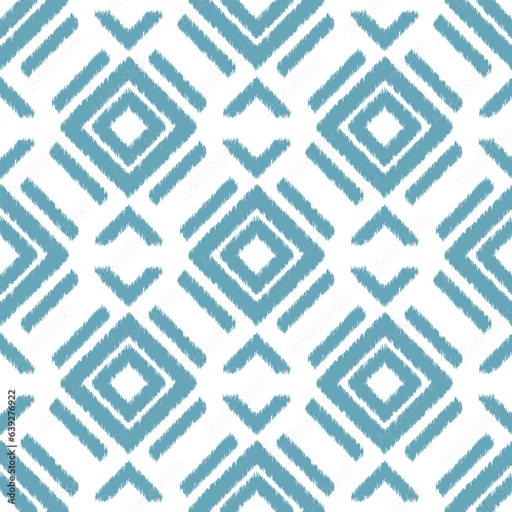 Seamless ikat pattern with geometric elements on white background.