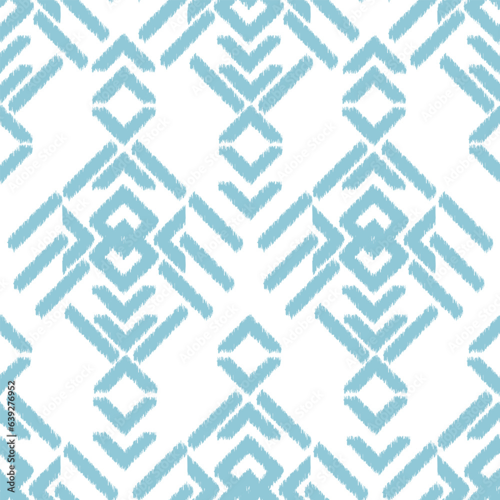 Seamless ikat pattern with blue elements on white background.	