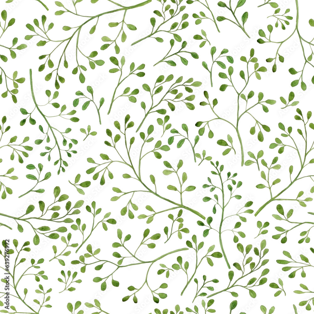 Watercolor illustration of green little leaves on branches for beautiful design on white isolated white background. Watercolor pattern, seamless of vintage textil things. Aquarell amazing wallpaper