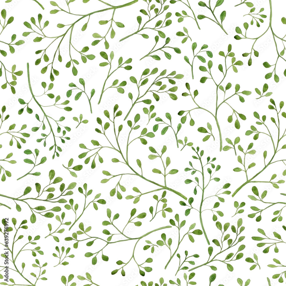 Watercolor illustration of green little leaves on branches for beautiful design on white isolated white background. Watercolor pattern, seamless of vintage textil things. Aquarell amazing wallpaper Watercolor illustration of green little leaves on branches for beautiful design on white isolated white background. Watercolor pattern, seamless of vintage textil things. Aquarell amazing wallpaper