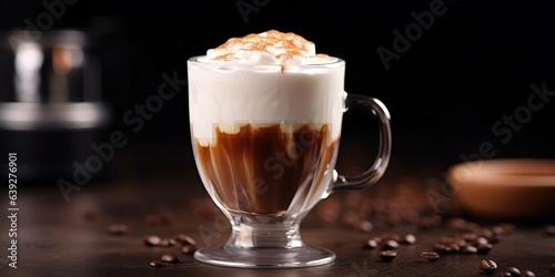 Coffee in clear glass with milk foam by Barista