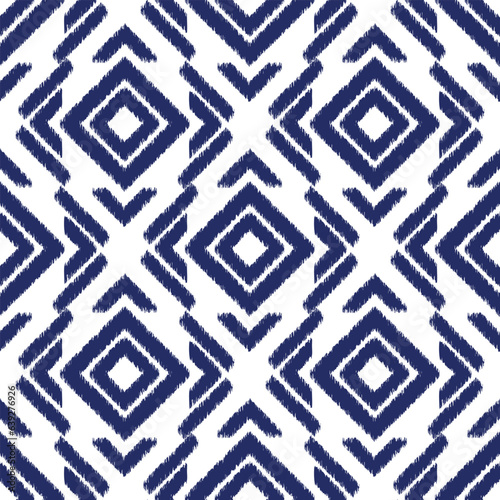 Seamless ikat pattern with blue geometric elements on white background.