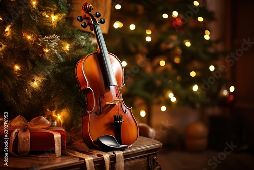 Violin and Christmas tree, New Year\'s concert program cover, Orchestra New Year\'s performance cover