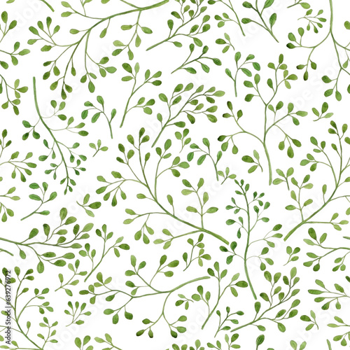 Watercolor illustration of green little leaves on branches for beautiful design on white isolated white background. Watercolor pattern  seamless of vintage textil things. Aquarell amazing wallpaper