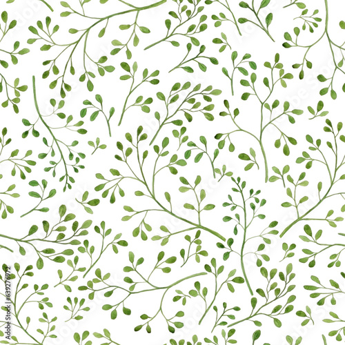 Watercolor illustration of green little leaves on branches for beautiful design on white isolated white background. Watercolor pattern, seamless of vintage textil things. Aquarell amazing wallpaper