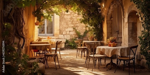 Empty outdoors restaurant or caf   with table and chairs in Provencal style.