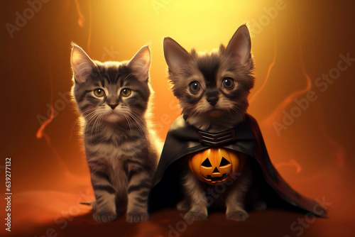 A dog and a cat in fancy costume with jack o'lantern pumpkin and Halloween decorations, adorable pet in Halloween.