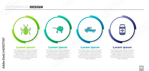 Set Insect fly, Wheelbarrow with dirt, Pickup truck and Jar of honey. Business infographic template. Vector