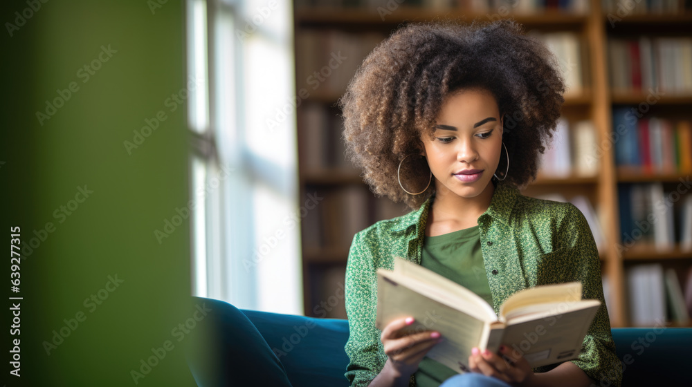 Female student standing in front of book shelves in college library and reading book Female student standing in front of book shelves in college library and reading book