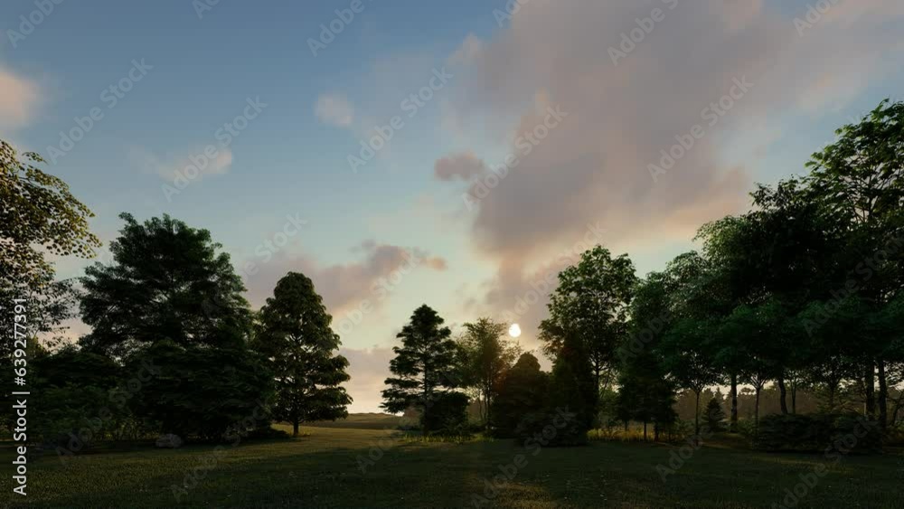 Dark green trees in moody spruce forest with sunset light rays shining through branches. 3d animation. Dark green trees in moody spruce forest with sunset light rays shining through branches. 3d animation.