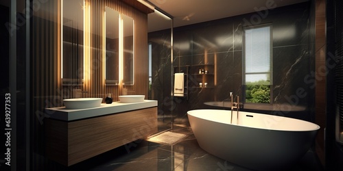 Interior design of a modern luxury bathroom with a luxury bathroom vanity top