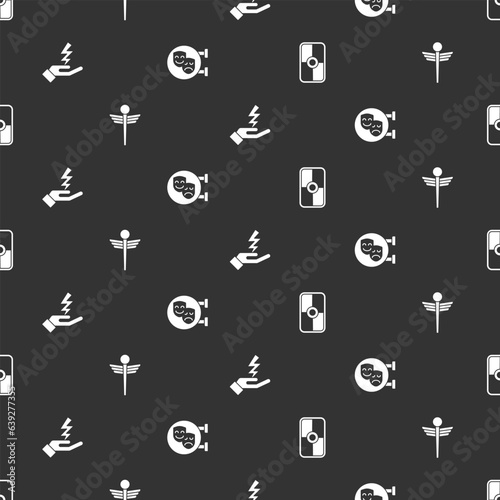 Set Greek shield, Caduceus snake medical, Zeus and Comedy and tragedy masks on seamless pattern. Vector