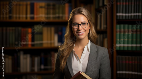 Middle age librarian or college teacher standing in library in front of book shelfes photo