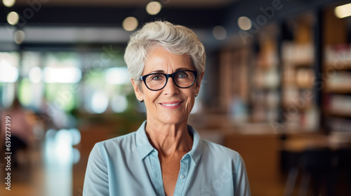 Senior librarian or college teacher woman standing in library in front of book shelfes