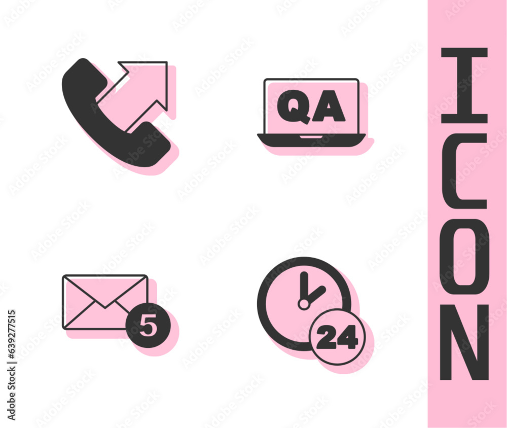 Set Clock 24 hours, Telephone support, New, email incoming message and Question and Answer icon. Vector Set Clock 24 hours, Telephone support, New, email incoming message and Question and Answer icon. Vector