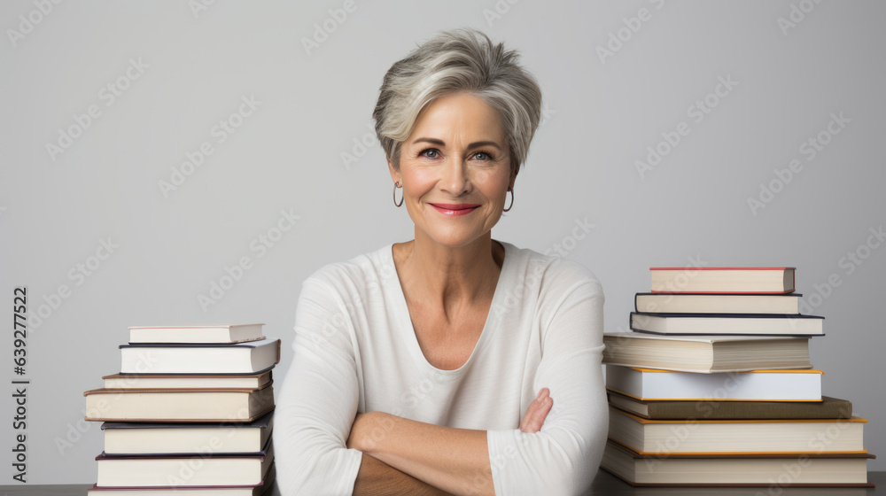 Middle-aged woman sits on a gray background next to stacks of books Middle-aged woman sits on a gray background next to stacks of books
