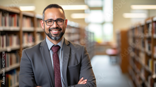 Middle age male librarian or college teacher standing in library in front of book shelfes