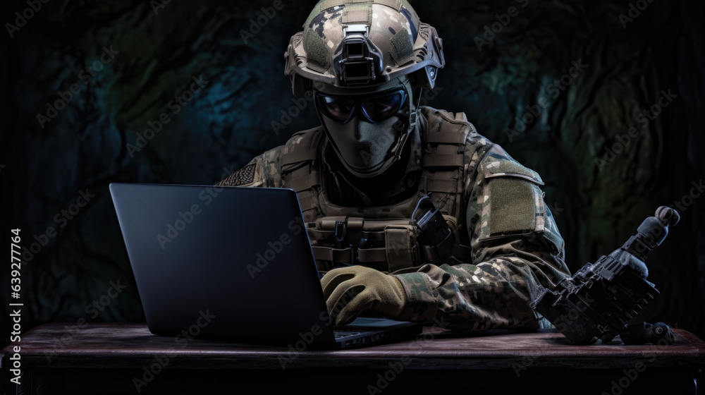 Soldier Using Laptop Computer During Military Operation in the Forest.