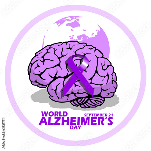 Icon of a brain with purple ribbon and earth, with bold text in circle frame on white background to commemorate World Alzheimers day on September 21