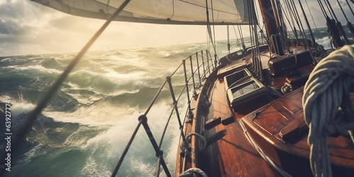 On board view of a boat sailing in rough seas in the Caribbean