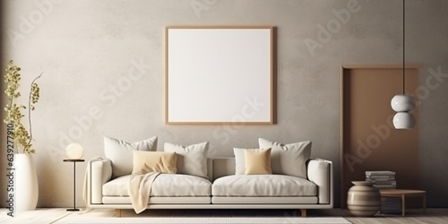 Poster frame mock - up in home interior background, living room in beige colors