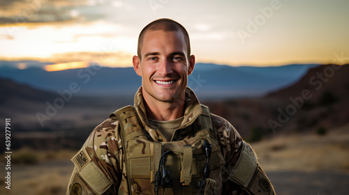 Portrait of american male soldier looking at camera. photo