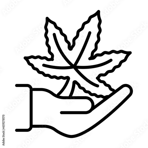 Hemp Plant Care vector outline design, hallucinogen and stimulant symbol, thca and cbda sign, psychoactive nature drug stock illustration, Hand Holding Hash Leaf concept
