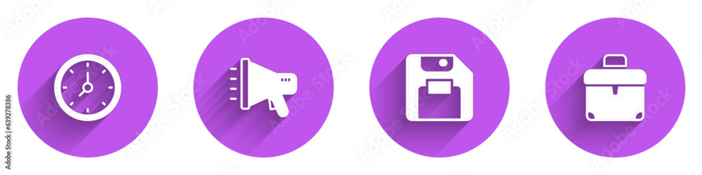 Fototapeta premium Set Clock, Megaphone, Floppy disk and Briefcase icon with long shadow. Vector
