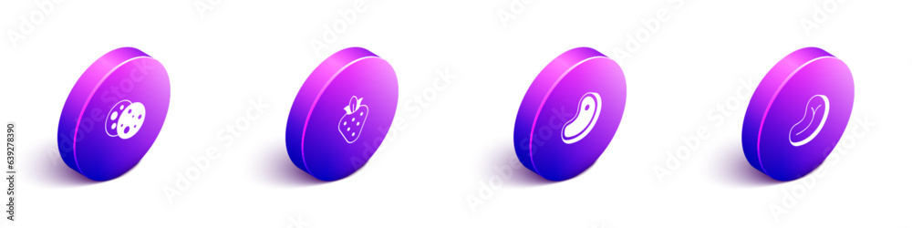 Set Isometric Cookie with chocolate, Strawberry, Steak meat and icon. Vector Set Isometric Cookie with chocolate, Strawberry, Steak meat and icon. Vector