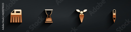 Set Paper shredder, Old hourglass, Tie and Pencil icon with long shadow. Vector