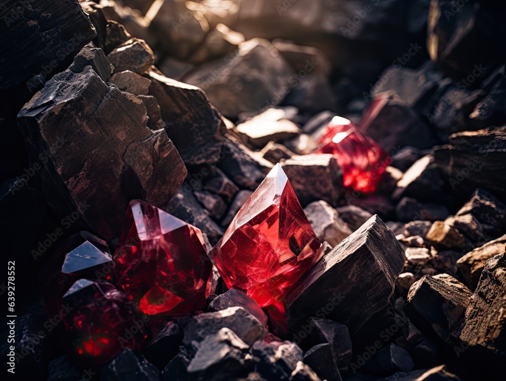 Visible raw red gems at the rocky walls of an old mine shaft