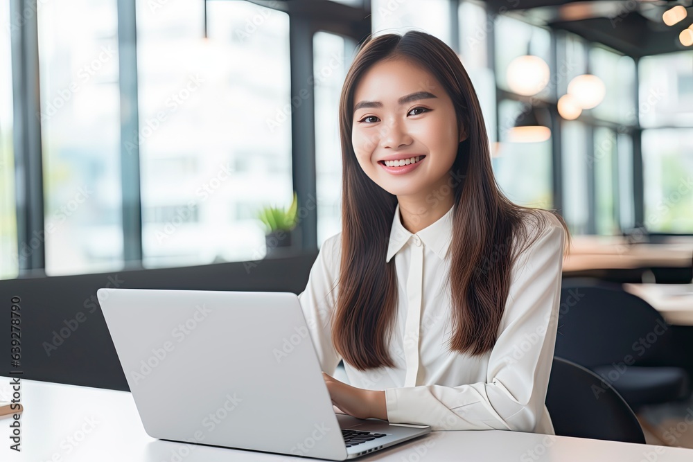 A woman using a laptop computer created with Generative AI technology A woman using a laptop computer created with Generative AI technology