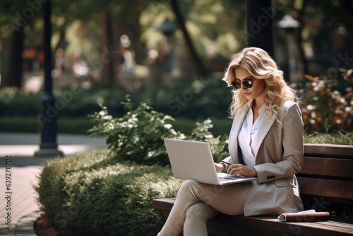 A woman working on a laptop while sitting on a bench created with Generative AI technology