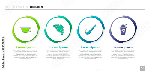 Set Cup of tea, Croissant, Spoon with sugar and leaf. Business infographic template. Vector