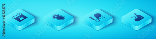 Set Isometric World Vegetarian day, Steak meat, Apple cider vinegar in bottle and No chicken leg icon. Vector