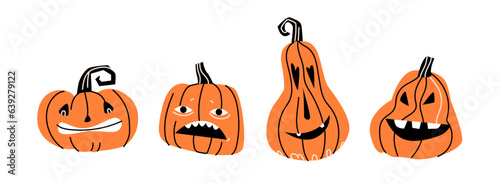 Pumpkin set for Halloween. Orange pumpkins with a scary smile. Hand drawn trendy vector illustration in folk style.