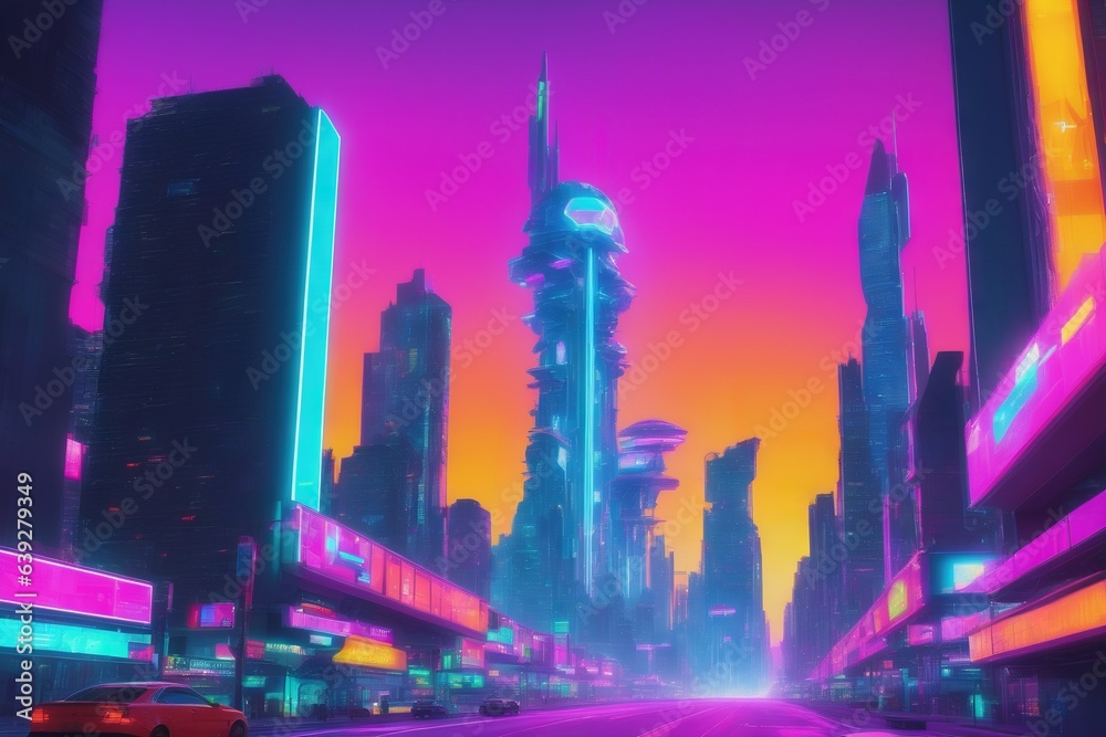 Illustration of Pink and purple neon-lit futuristic city 