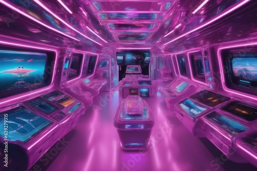 Fototapeta Naklejka Na Ścianę i Meble -   Pink and blue neon-lit futuristic room with spaceship view