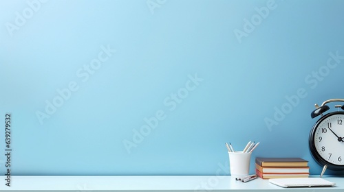 Desk top office concept, top view and space on the opposite side for text, in the style of soft and moody still lifes, clockpunk, deconstructed minimalism, AI generated.