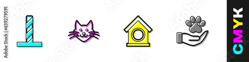 Set Cat scratching post with toy, Dog house and Hands animals footprint icon. Vector