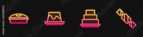 Set line Cake, Homemade pie, Pudding custard and Candy. Glowing neon icon. Vector
