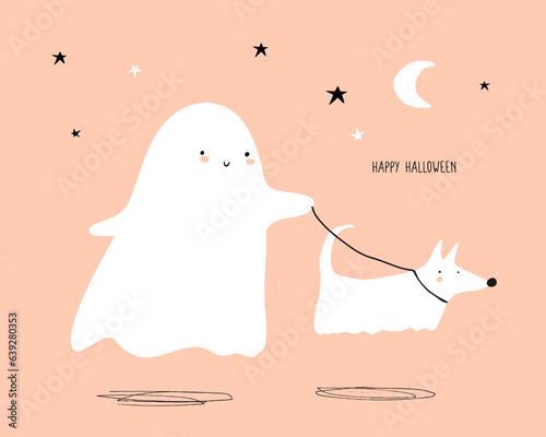 Cute Hand Drawn Halloween Card. Little Happy Ghost Walking Ghost Dog.White Kawaii Style Ghost on a Coral Pink Background. Happy Halloween.Infantile Style Halloween Illustration ideal for Card, Poster.