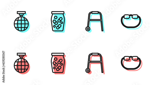 Set line Walker, Disco ball, Medicine bottle and pills and Eyeglasses icon. Vector