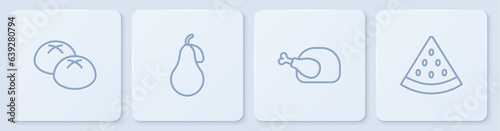 Set line Bread loaf, Roasted turkey or chicken, Pear and Watermelon. White square button. Vector