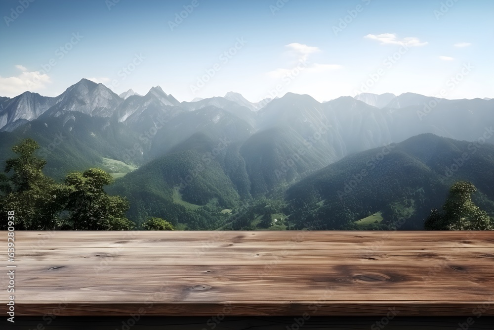 Wooden plank floor table and empty front, and beautiful mountains with sunlight in the early morning Refreshing atmosphere