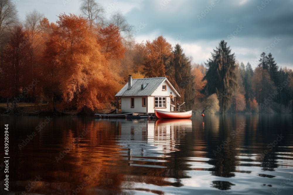 Fototapeta premium romantic white house at a lake in autumn. 