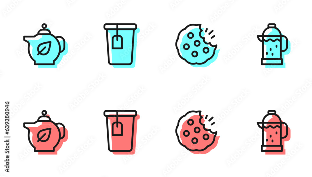 Set line Cookie or biscuit, Teapot with leaf, Cup tea bag and French press icon. Vector Set line Cookie or biscuit, Teapot with leaf, Cup tea bag and French press icon. Vector