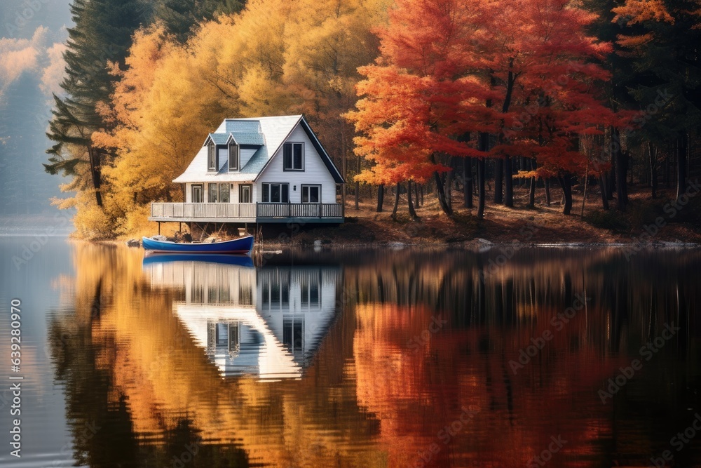 romantic white house at a lake in autumn. 