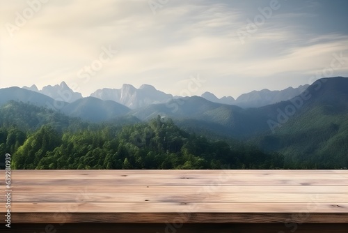 Wooden plank floor table and empty front, and beautiful mountains with sunlight in the early morning Refreshing atmosphere,