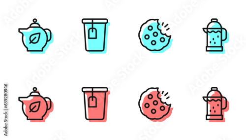 Set line Cookie or biscuit, Teapot with leaf, Cup tea bag and French press icon. Vector